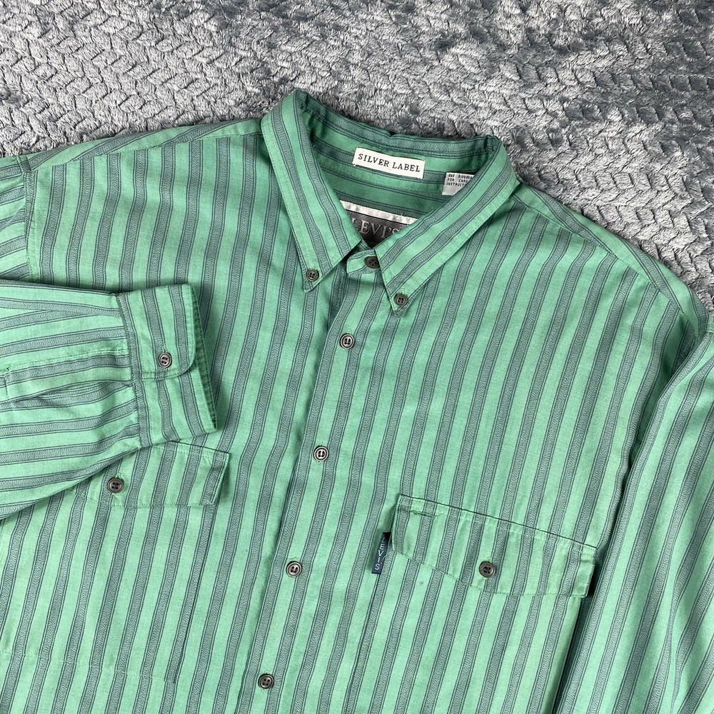 Levis Vintage Silver Label Mens XL Long Sleeve Green Striped Button Up Shirt VTG